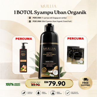 1 Botol Syampu Uban Organik Mullia (400ml) + FREE Syampu Halia + FREE 2 Sachet Syampu Uban