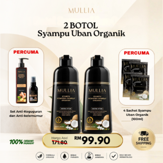 2 Botol Syampu Uban Organik Mullia (400ml) + FREE Syampu & Serum Halia + FREE 4 Sachet Syampu Uban